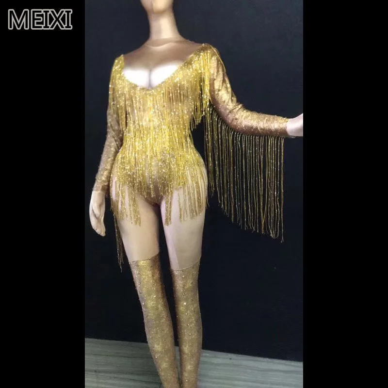 

Large V neck golden tassel rhinestone elastic dress bar nightclub concert singer dancer costume