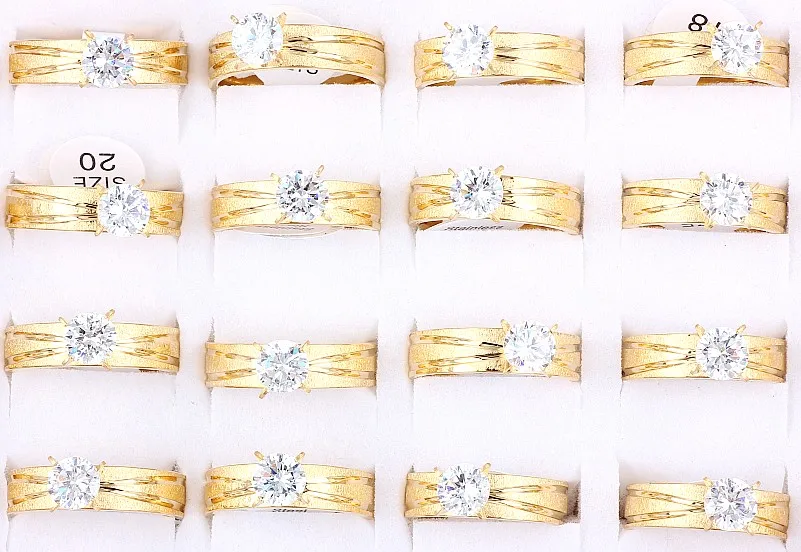 Wholesale Lots Job 5Pcs Golden Crystal CZ Stone 316L Stainless Steel Ring Engagement Wedding Party Bride Xams Gift 17-21MM