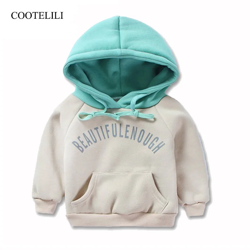 COOTELILI 80-120cm Patchwork Girls Boys Hoodies Velvet Thicken Sweatshirt Baby Boy Fashion Letter Children Clothes Infant