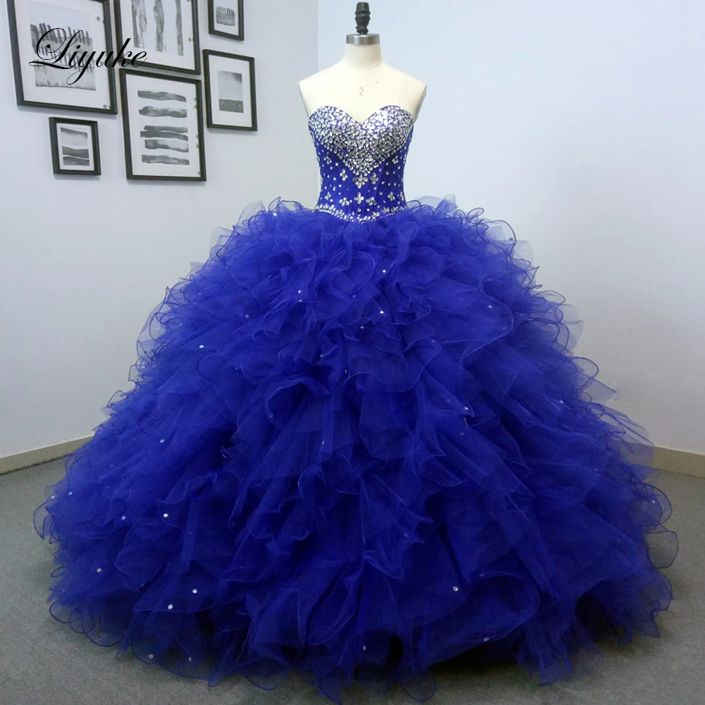 Liyuke Charming Strapless Ball Gown Quinceanera Dresses With Full Rhinestones And Crystal On Back Of Lace Up Closure