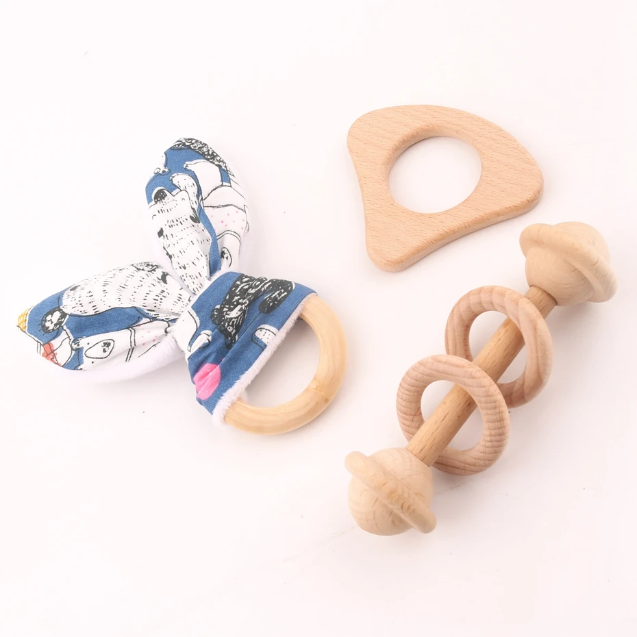 3PC/Set Beech Wooden Teether Rattle Rabbit With Ring Can Chew Food Grade Materials Gifts For Children Toys Baby Teether Toys