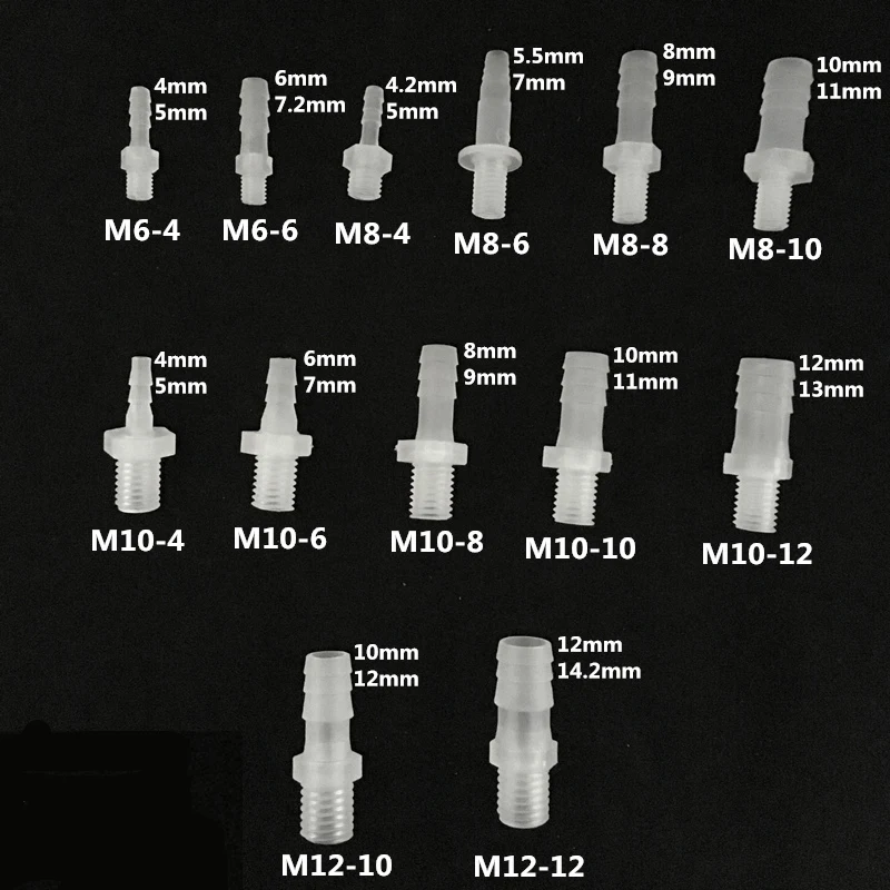 5 sztuk/paczka M6 M8 M10 M12 gwint męski do 4mm-12mm, plastikowy, prosty, Barb złącze rury montażu