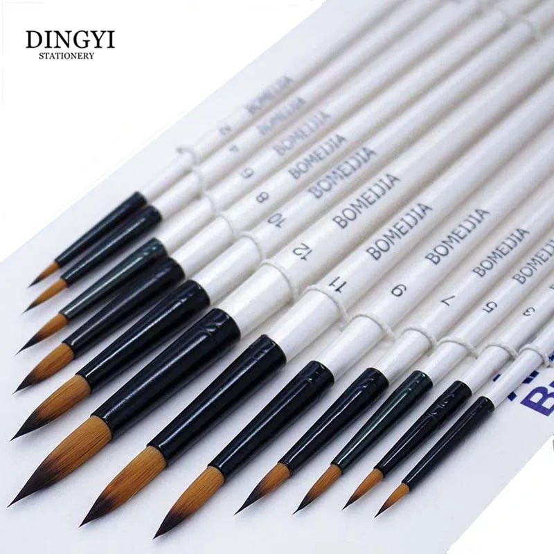 12pcs Fine Nylon Hair Pearl White Wooden Handle Watercolor Paint Brush Pen For Oil Acrylic Painting Art Paint Brushes Supplies