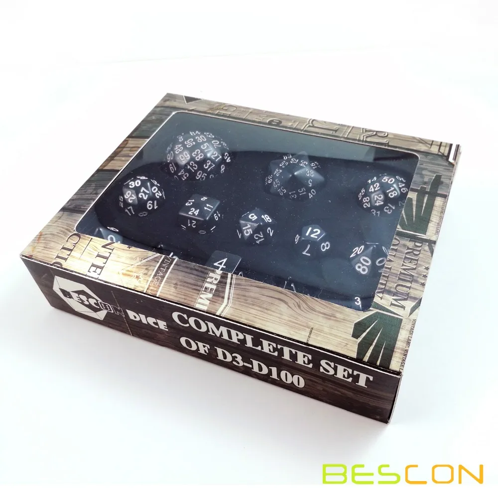 Bescon Complete Polyhedral Dice Set 13pcs D3-D100, 100 Sides Dice Set Opaque Black