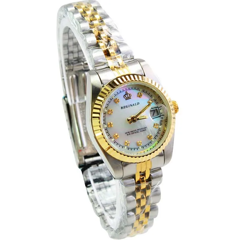 2019 Reginald Top Brand Quartz Lady Watch Woman Luxury Gold Fluted Bezel Pearl Diamond Dial Full Stainless Steel Luminous Clocks