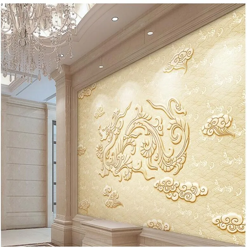 wellyu Customized large - scale mural relief relief dragon wall murals auspicious clouds background wall  wallpaper