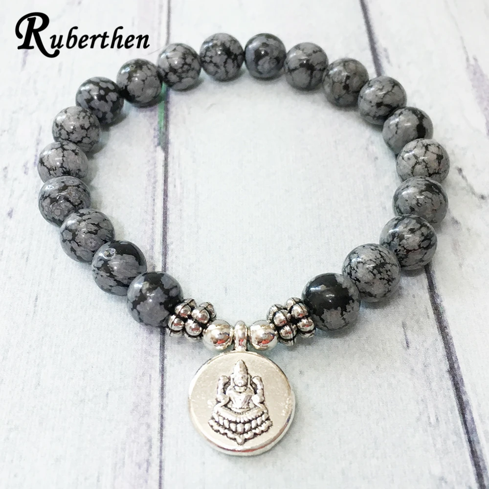 Ruberthen Buddha Charm Yoga Bracelet AAA Grand Snowflake Obsidian Men`s Bracelet Energy Protection Emotional Wellness Bracelet