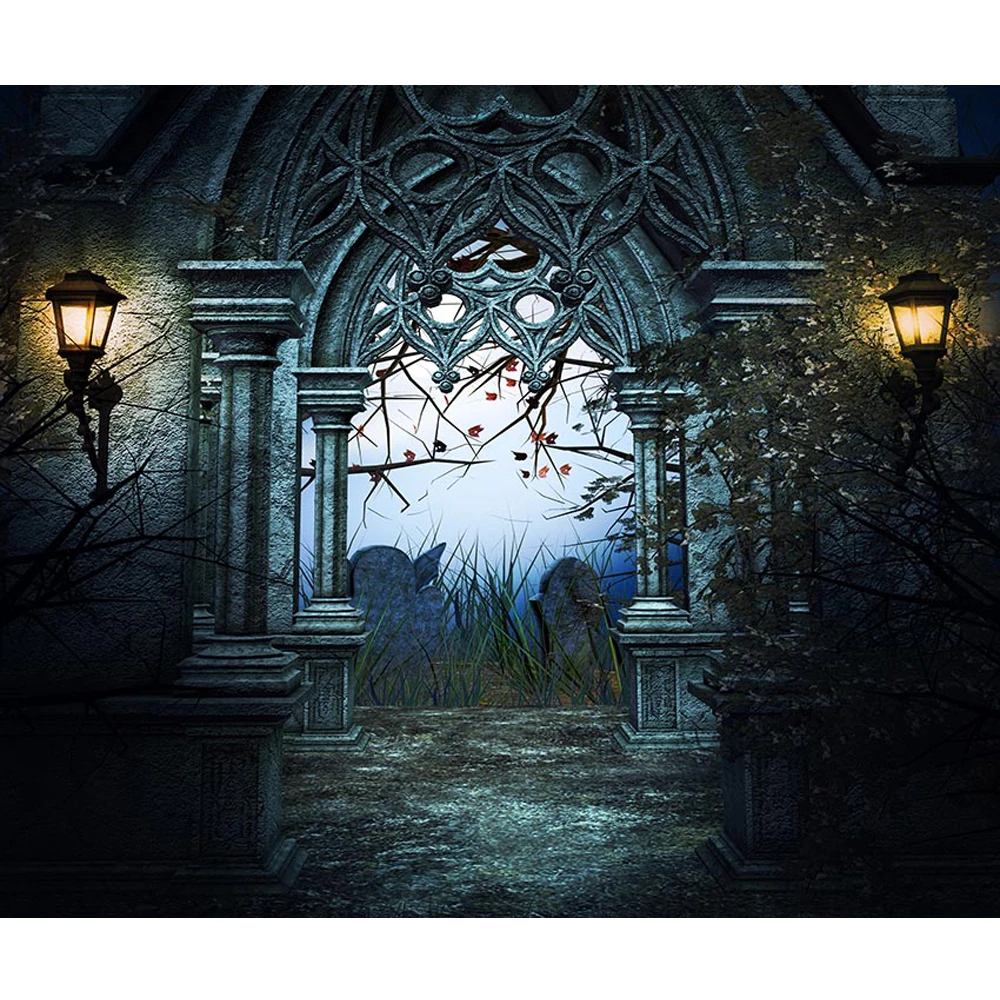 

Old Castle Arch Door Photography Backdrop Printed Tombstone Retro Lanterns Trees Horrible Night Halloween Party Photo Background