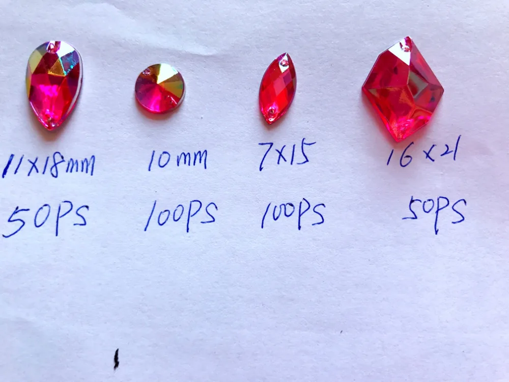 300pcs  mixed shape size  rose red AB colour crystal sew on rhinestones  Acryl  loose Beads hand sewing strass