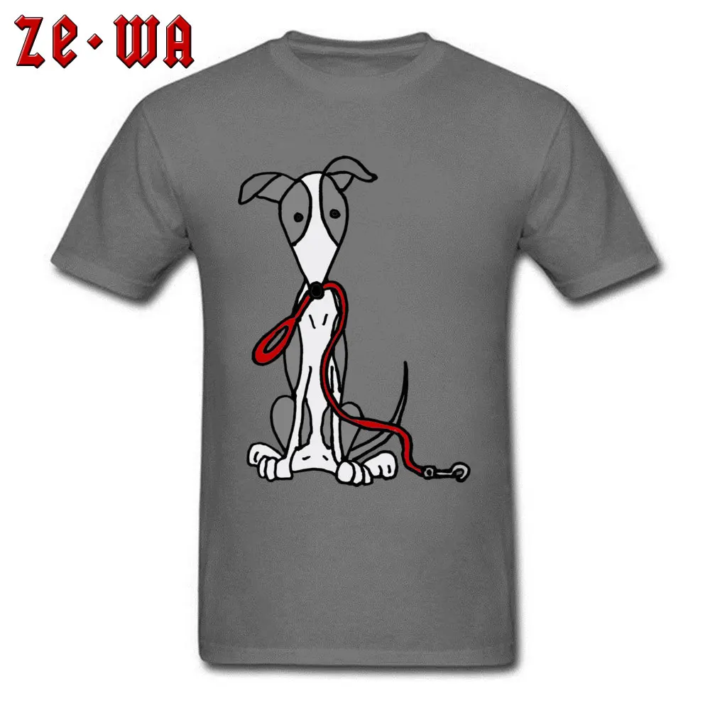 Funny Men's T Shirt Dark Grey T-shirts 100% Cotton Clothes Greyhound Dog With Red Leash Cartoon Tops Tees Summer Fall Tshirt