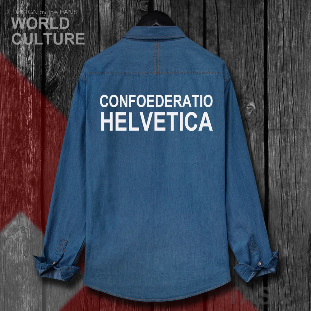 Swiss Confederation Switzerland CHE CH Confoederatio Helvetica Men Clothes Autumn Cotton Jean Shirt Long Sleeve Cowboy Coat Flag