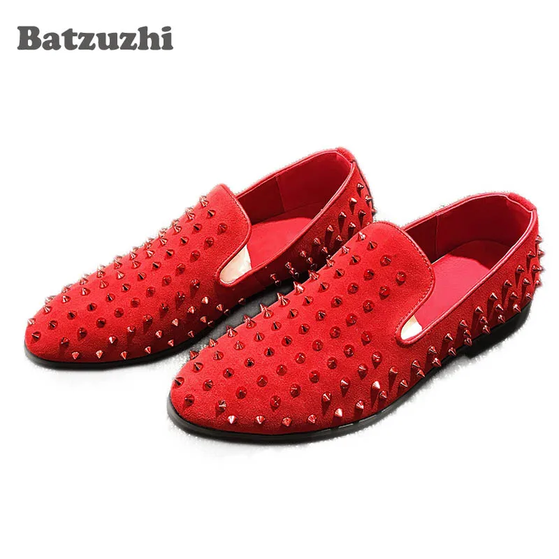 

2018 New Handmade Men Shoes Pointed Toe Red/Black Suede Loafers Men Fashion Rivets Shoes for Men Nightclub Wedding Shoes