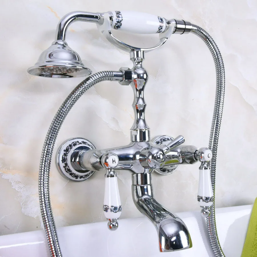 Polished Chrome Brass Double Ceramic Handles Wall Mounted Bathroom Clawfoot Bathtub Tub Faucet Mixer Tap w/Hand Shower ana207