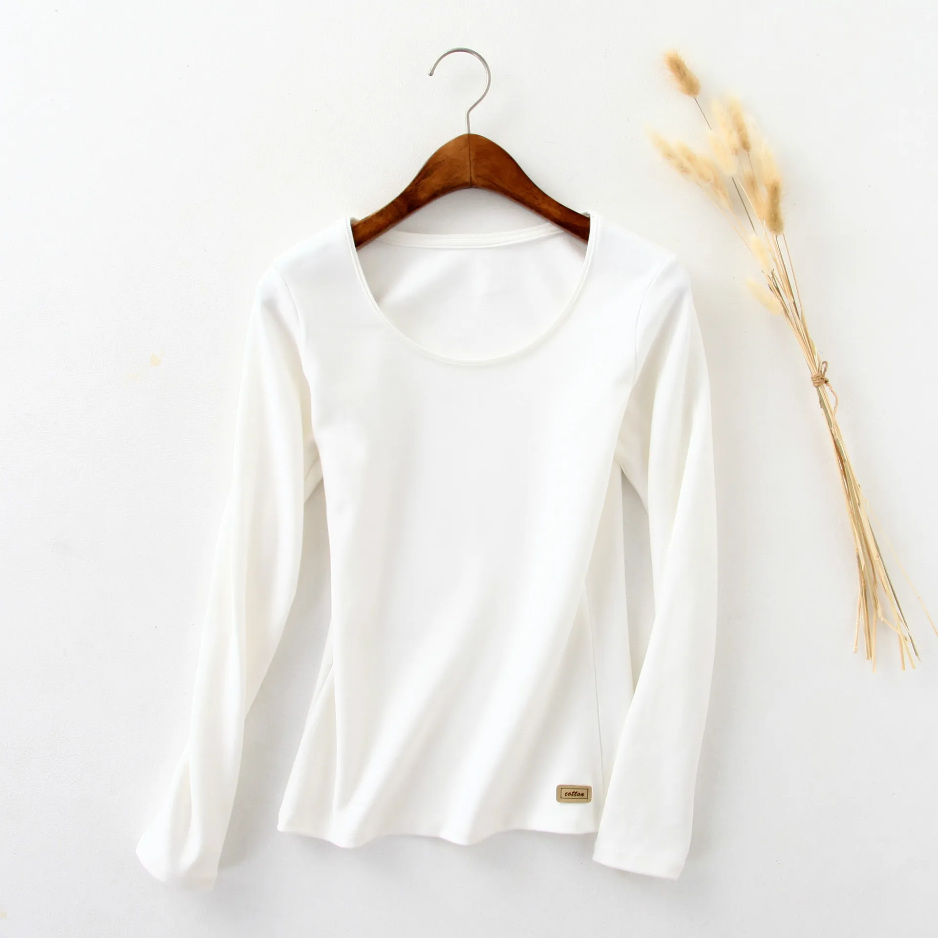 Basic Sturdy T Shirt Women Long Sleeve Cotton Tee Shirts Scoop Neck Top M-2XL