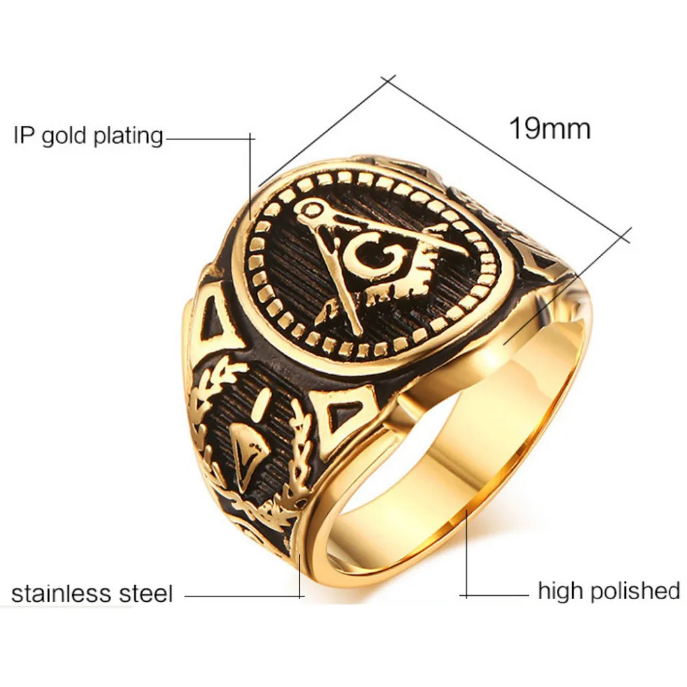 Vintage Men Masonic Rings Quality Stainless Steel Jewelry Wedding Band for Men Retro Gold Color Titanium Punk Rings
