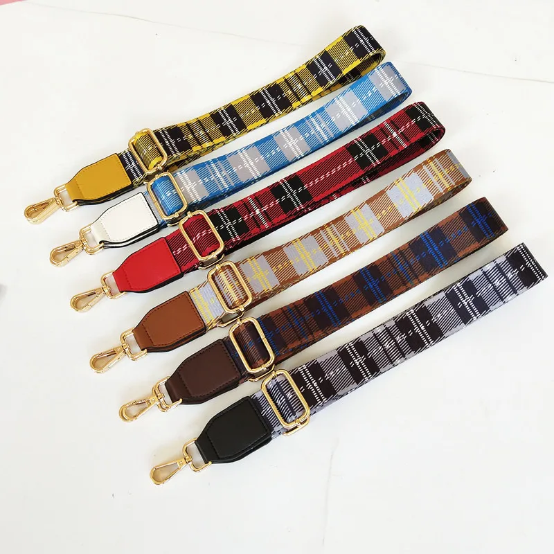 New Canvas Adjustable Women Bag Strap Trendy Stripe Design Gold Buckle Lady Shoulder Straps Easy Matching Plaid Style Bag Belts