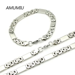 AMUMIU Mens Chain Stainless Steel Necklace Bracelet Sets Flat Byzantine Fashion Necklaces for Women Punk HZTZ057