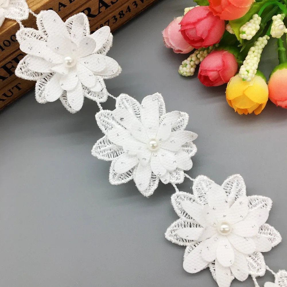 20Pcs 3D White Multi-layer Rose Flower Pearl Lace Trim Embroidered Ribbon French Fabric Sewing Craft DIY For Costume Decoration