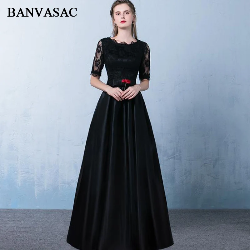 BANVASAC Lace cuello redondo cinto con lazo 2018 una línea vestidos largos de noche fiesta ilusión bordado media manga vestidos de graduación