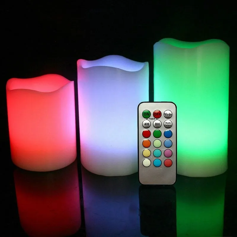 

Set of 3 Round Melted Edge remote controled Flameless Wax Pillar Candle 4H/8H Timer function F/Home bar Wedding party-Multicolor