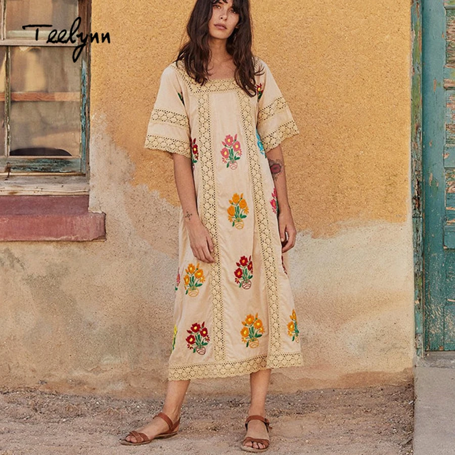 TEELYNN dài Boho Dress 2018 mới Cotton thêu hoa Cổ Vuông Nữ tay ngắn mùa thu áo chia ren nữ váy áo dây