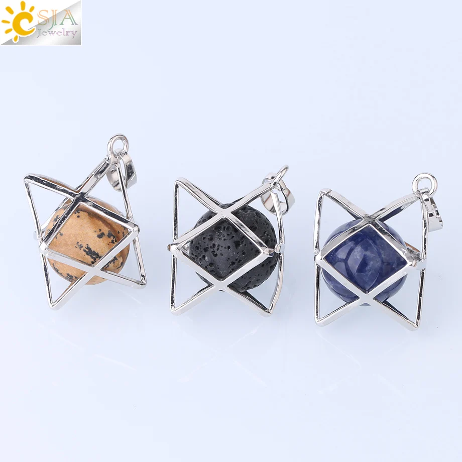 CSJA Natural Stone Hexagram Energy Pendants Necklace Religion Symbol Meditation Reiki Merkaba Pendant for Women Men Jewelry F876