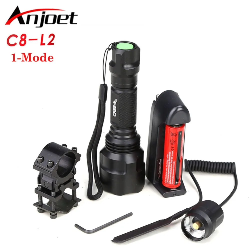 Anjot LED Hunting outdoors Flashlight XML-L2 C8 Tactical Aluminum 1 Modes LED Torch light With 18650 & Charger & Gun Mount