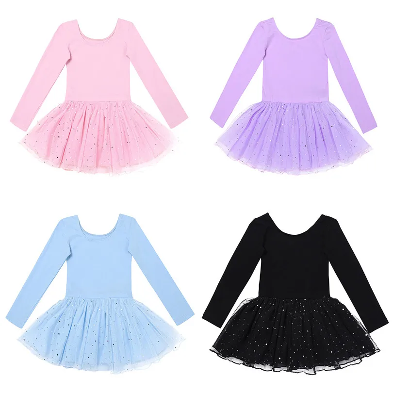 iEFiEL Kid Girls Long Sleeve Shiny Mesh Tulle Tutu Ballet Dance Leotard Dress for Performance Girls Ballet Class Dancewear Dress