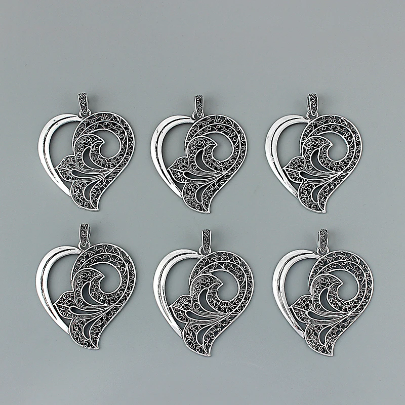 2pcs Antique Large Hollow Open Filigree Heart Shape Charms Pendants for Necklace Jewelry Making Findings 65x61mm