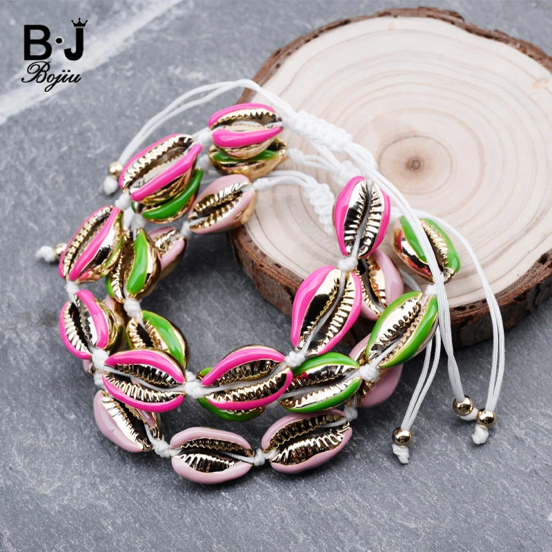 16 Color Bohemian Shell Bracelets For Women Handmade Braided Knit Rope Gold Plating Cowrie Bracelet Beach Seashell Jewelry BC333