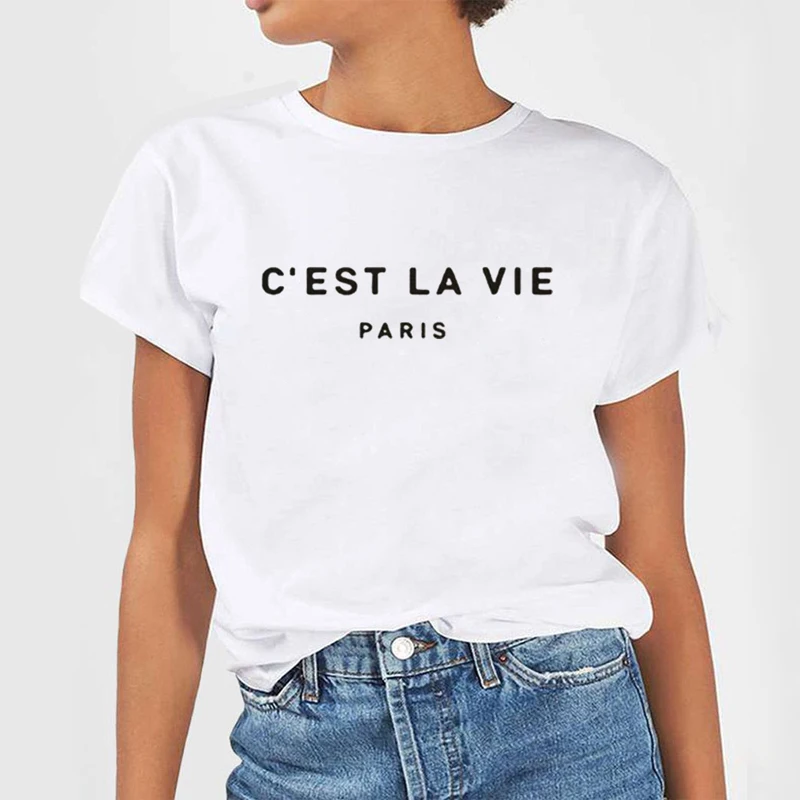 C'est La Vie T-shrits New Women Short Sleeve Letter Print Tshirt Stylish Summer Crewneck Tumblr Hipster Cotton Tee Top Plus Size