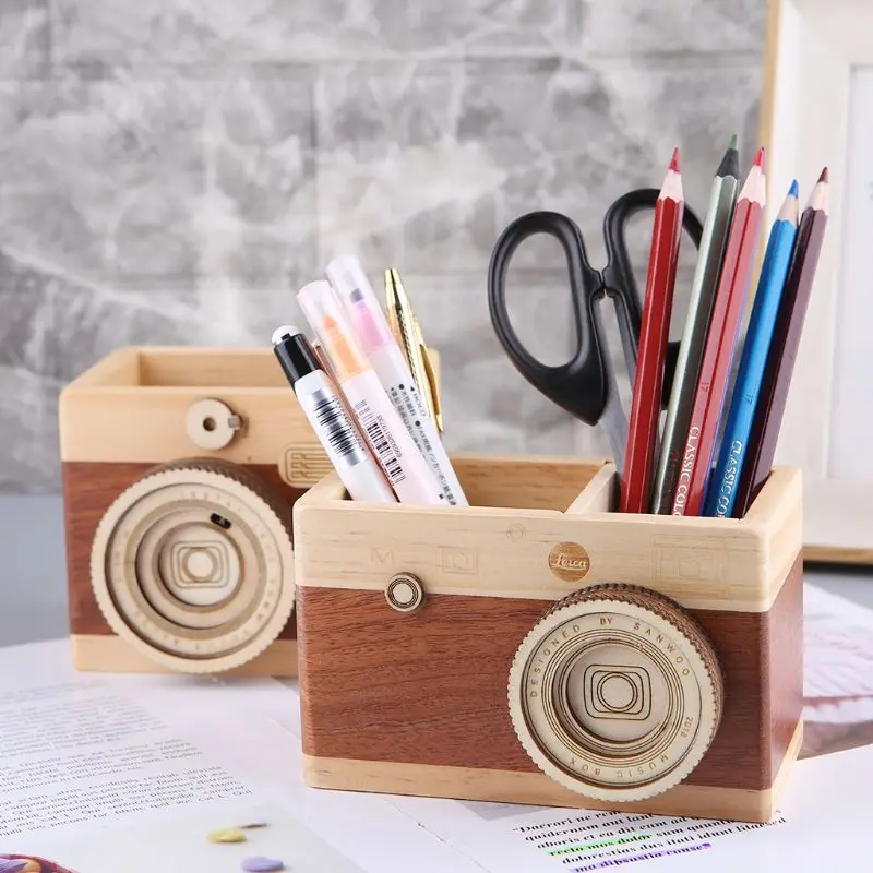 Creative Camera Pattern Wooden Pen Pencil Case Holder Stand Desktop Sundries Storage Box Multi Purpose Use #524