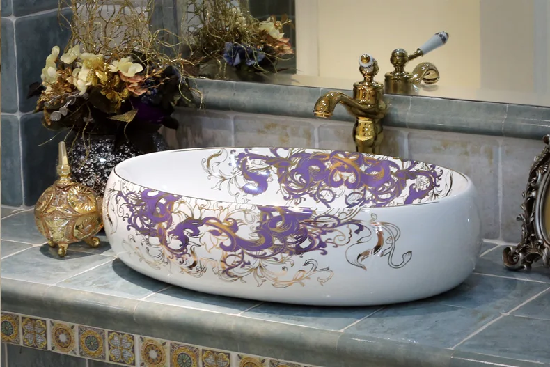 Oval Shape Artistic hand maded hand painted ceramic porcelain wash basin lavabo sink Bathroom sink bathroom sink manufacturer