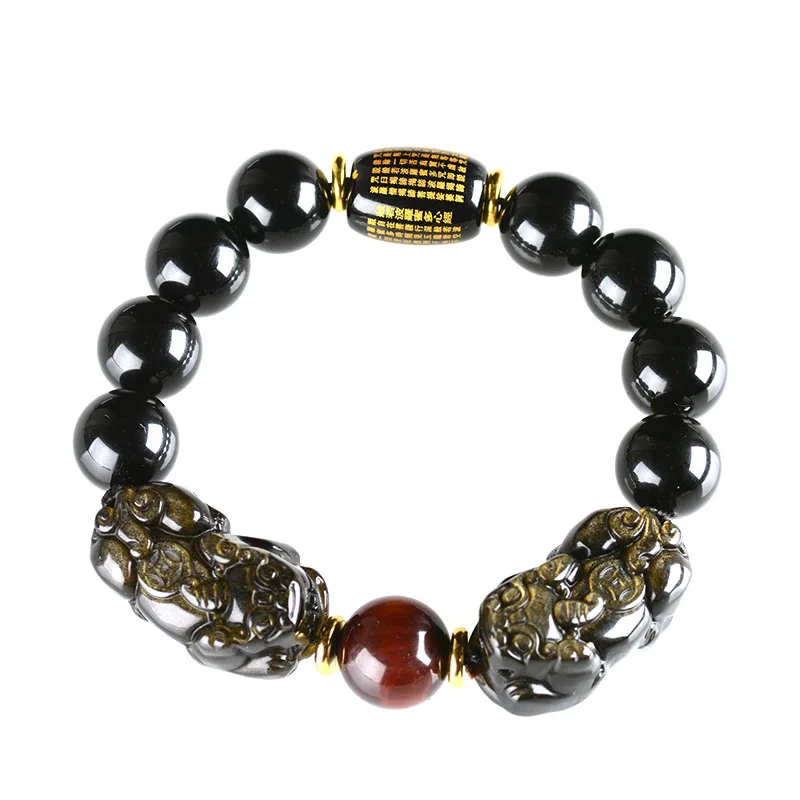 

Beautiful Natural Gold Obsidian Carved PIXiu Elastic Bracelet Lucky Man ornament*Free Gift Box