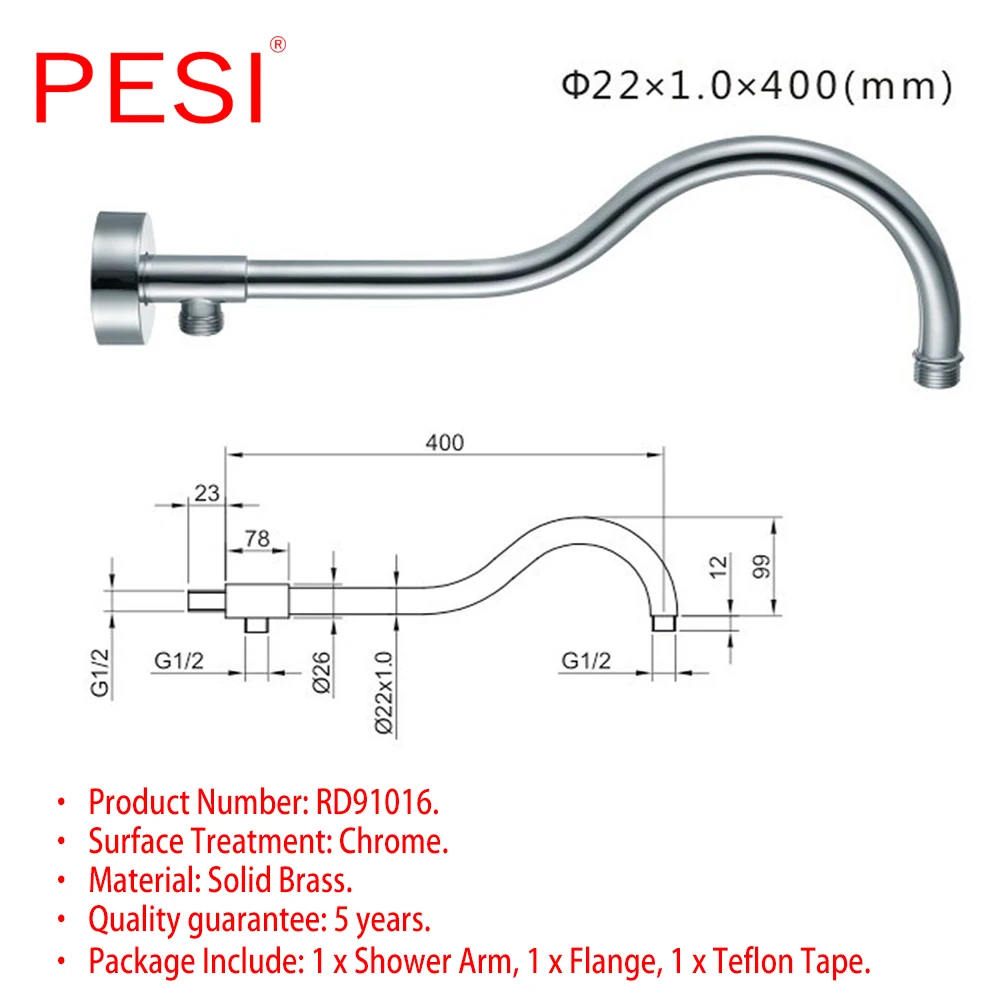 Chrome or Matte Black Wall Mounted Shower Arm Bathroom Shower Head Bracket Bar G1/2 Shower Head Fixed Pipe Shower Head Holder