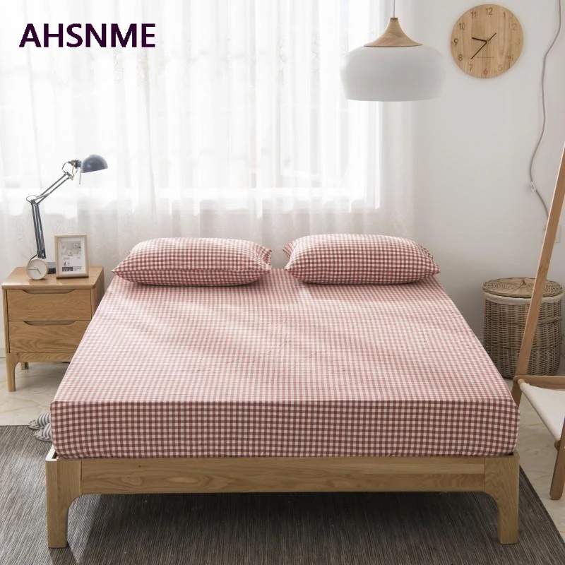 AHSNME 100% Cotton sheets Super Soft parure de lit Cool Summer Simple Pink + white plaid Fitted Sheet 90x200/120x200/180x200cm