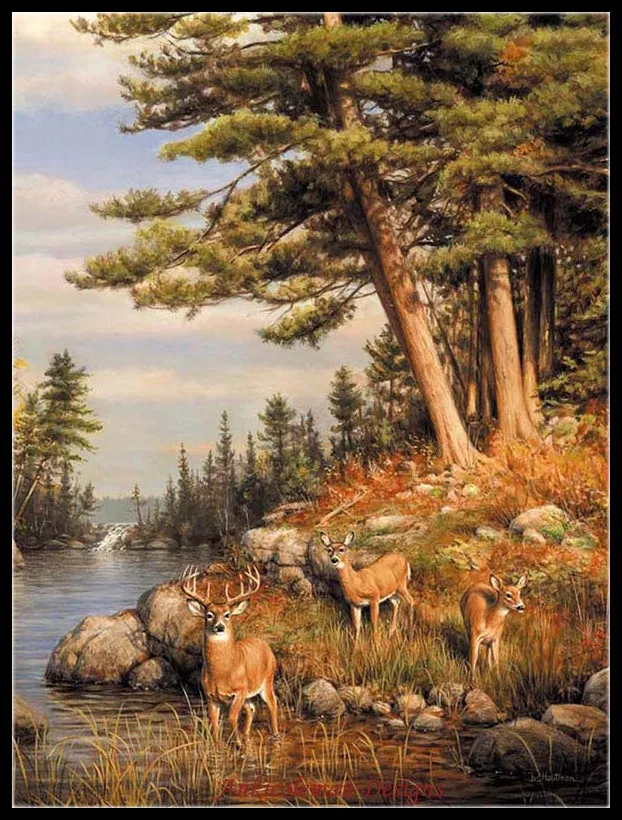 Embroidery Counted Cross Stitch Kits Needlework - Crafts 14 ct DMC color DIY Arts Handmade Decor - Deer and Pines