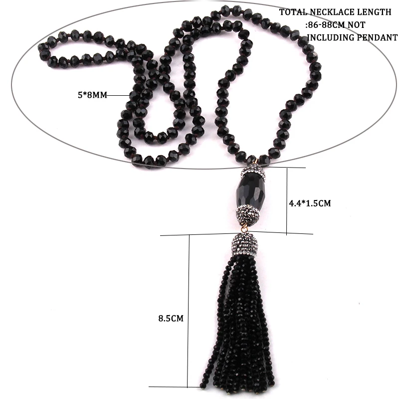 Fashion Bohemian Jewelry Crystal Glass Knotted Handmake Paved Crystal Tubes Tassel Long Necklace