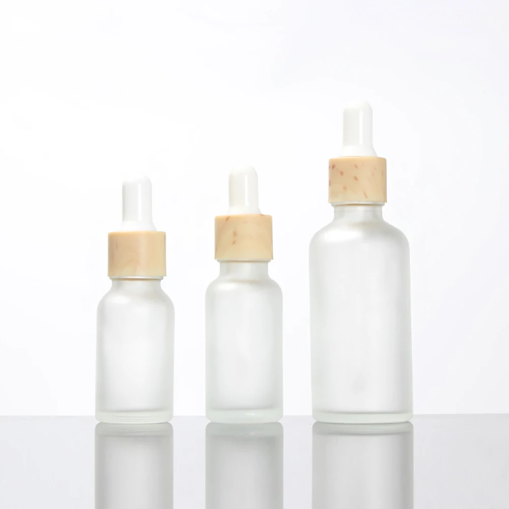 Bottle Dropper 15ml Clear Frosted Round Bottle with Wood Grain Dropper Head