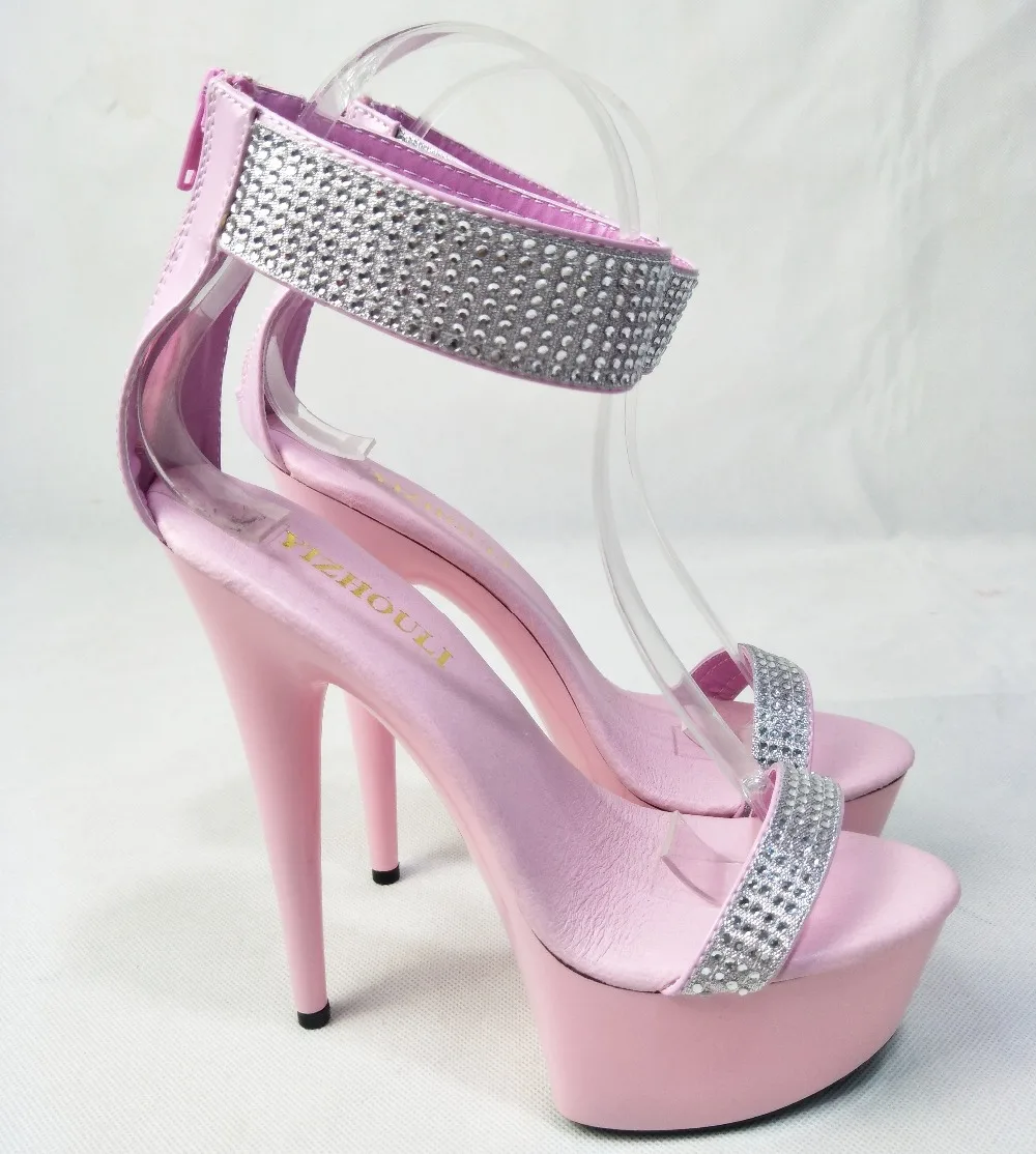 Zapatillas de cristal rosa de 15 cm de alto, sandalias de princesa impermeables de fondo grueso, zapatos de baile