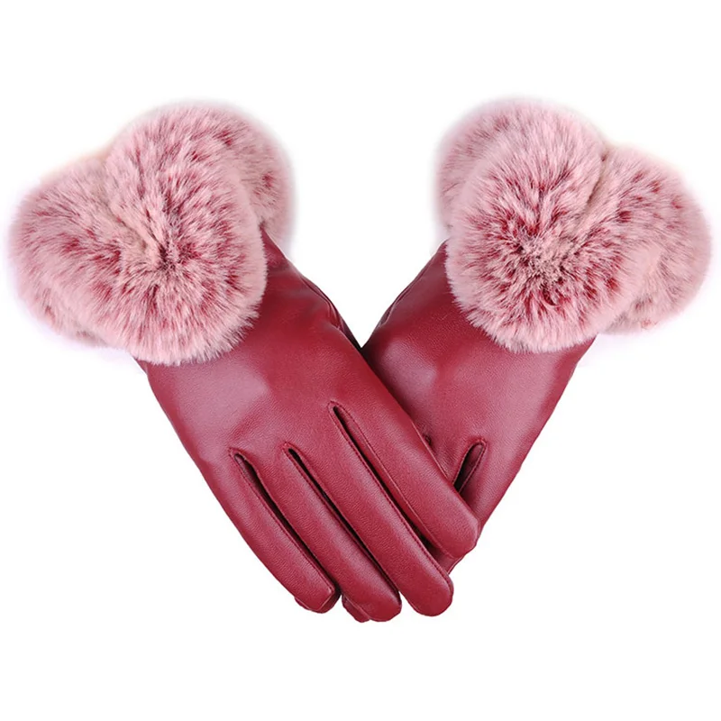 Winter Warm Touch Screen PU Leather Gloves Women Mittens Fashion Luxury Faux Fur Gants Female Leather Plush Luvas Skiing Thick