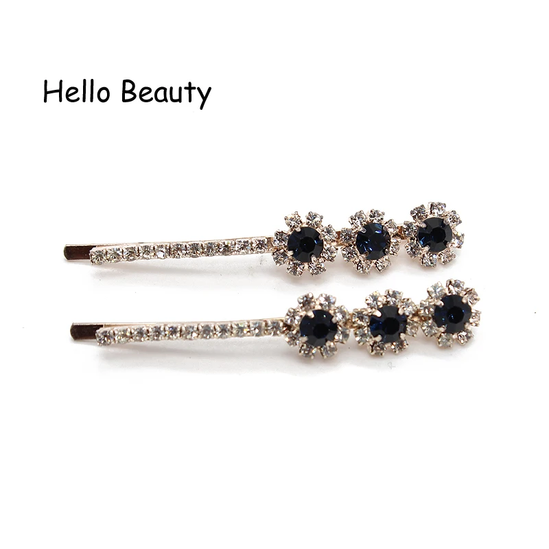 1 Pair Korean Fashion Luxurious Stone Hair Accessories Clip Navy Clear Round Rhinestone Crystal Barrette For Women Girls Jewelry