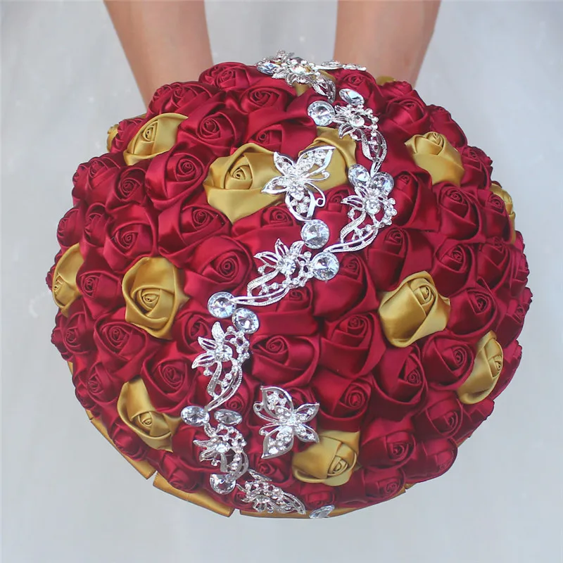 

Artificial Rose Bouquet Ribbon Luxury Rhinestone Pearl Decoration Bride Wedding 24cm Different Colors Simulation Bouquet