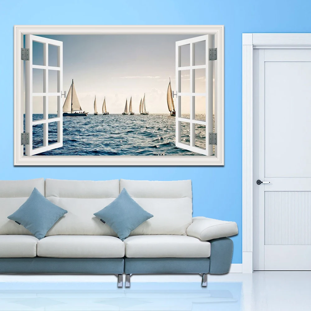 Sailing Boat Sea Landscape Removable 3D Wall Sticker Vinyl Decal Beach Sailboat Wallpaper Peel and Stick for Bedroom Kitchen view 4