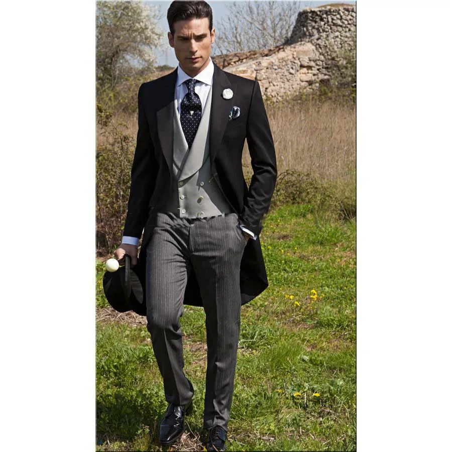 

Long Style Groom Tuxedos/One Button Black Peak Lapel Best man Groomsman Men Wedding Suits/Bridegroom(Jacket+Pants+Tie+Vest)weddi