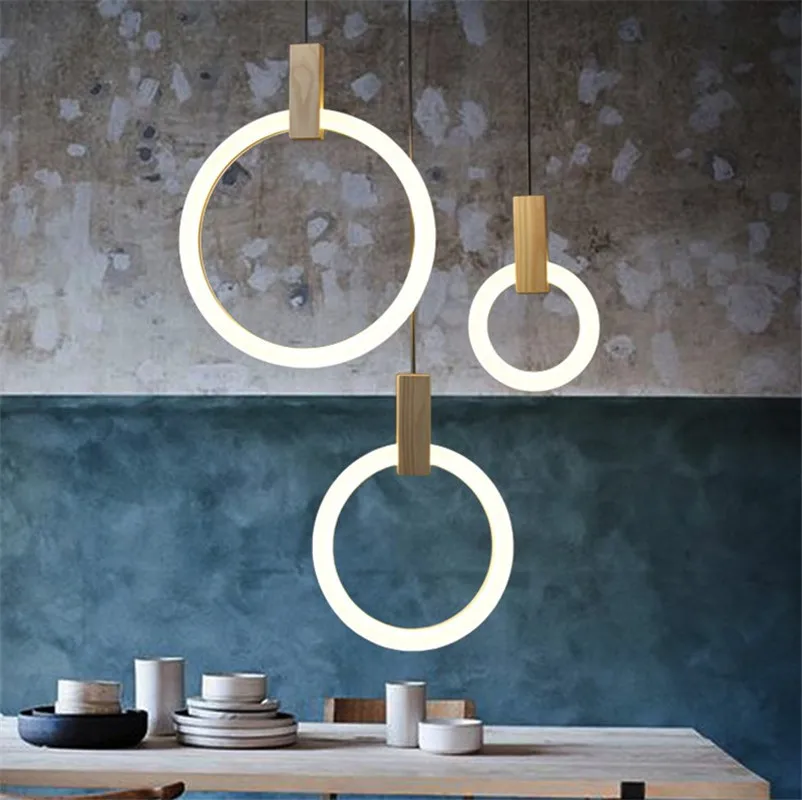 

Round Ring Led Pendant Lights Acrylic Circles Lustre Pendant Light Wood Luminaria Indoor Lighting Lamparas Villa Stairs Lamp