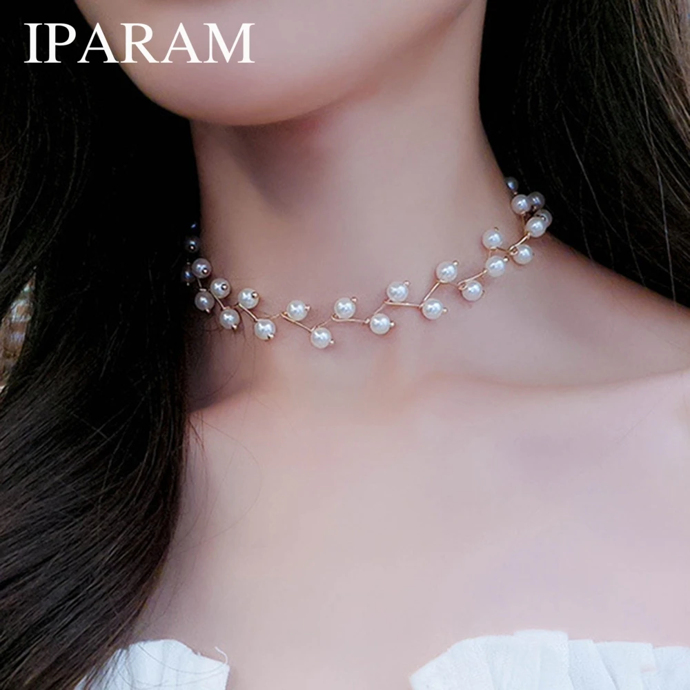 IPARAM Trendy Elegance Statement Necklace Charm Simulated Pearl Beads Choker Necklace For Women Kolye Collier Femme