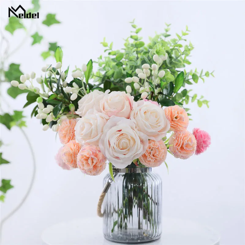 Meldel Wedding Bouquet Bride Wedding Flower Artificial Silk Rose Flower Marriage Party Supplies White Pink Bouquet Home Decor