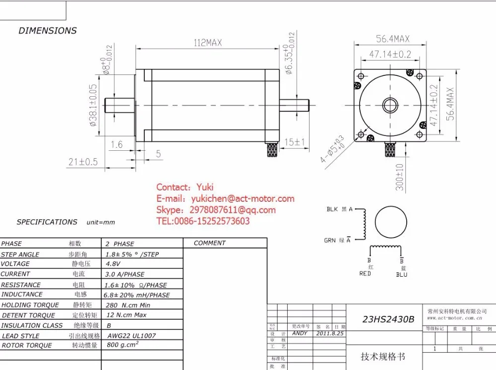 Free ship from Germany! ACT Motor 1PC Nema23 Stepper Motor 23HS2430B Dual Shaft 4-Lead 425oz-in 112mm 3.0A Milling Machine Cut