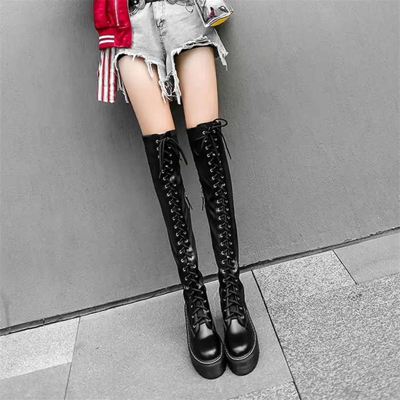 Plus Size Pumps Women Lace Up Straps Over The Knee Motorcycle Boots Female Thigh High Stretchy Fashion Sneakers Big Size Shoes